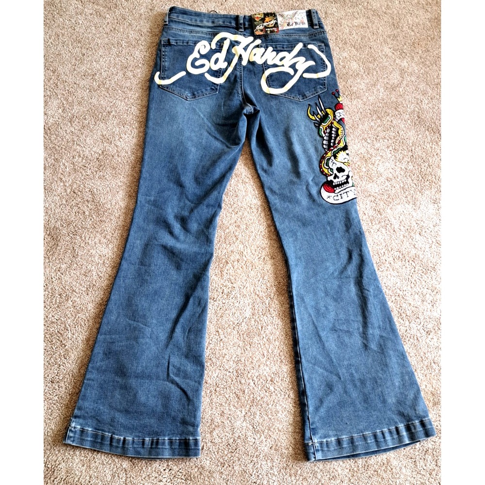 Ed Hardy NYC Skull & Eagle Y2K Jeans Womens 30x31 Slim Flare Denim Embroidered
